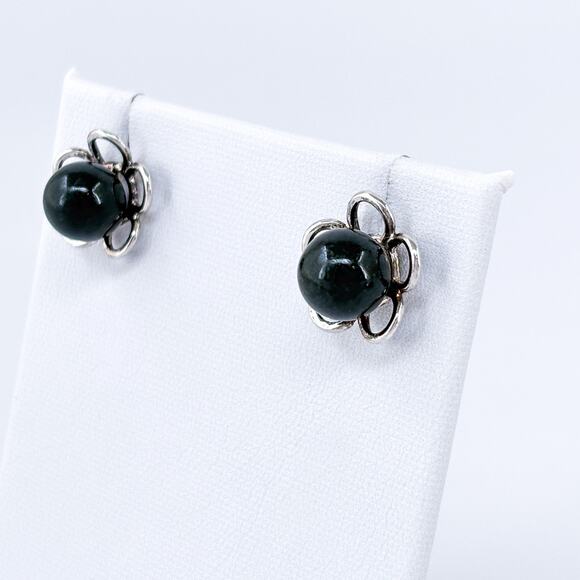 Vintage Sterling Silver 925 Black Pearl Floral Stud Earrings - Picture 4 of 8